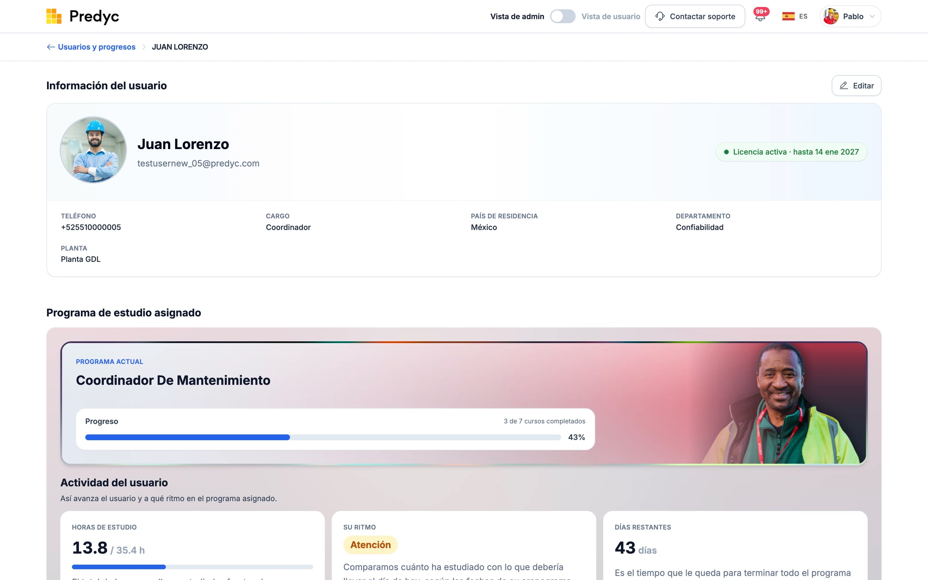 Detalle de un usuario: perfil, programa asignado y actividad